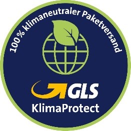 Blue-green certificate sign for 100% climate-neutral parcel shipping at GLS