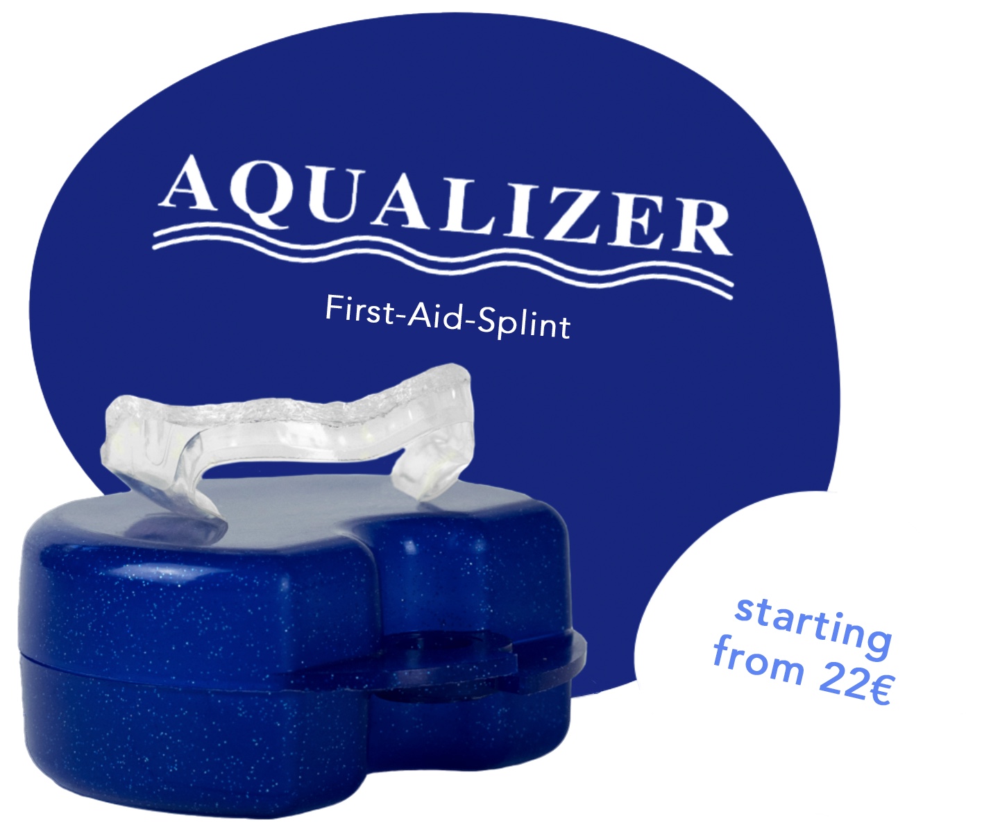 Aqualizer bite splint in transparent with a blue glittery storage box