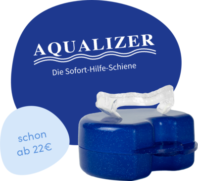 Aqualizer Aufbissschiene in durchsichtig mit einer blau glitzernden Aufbewahrungsbox ab 22€